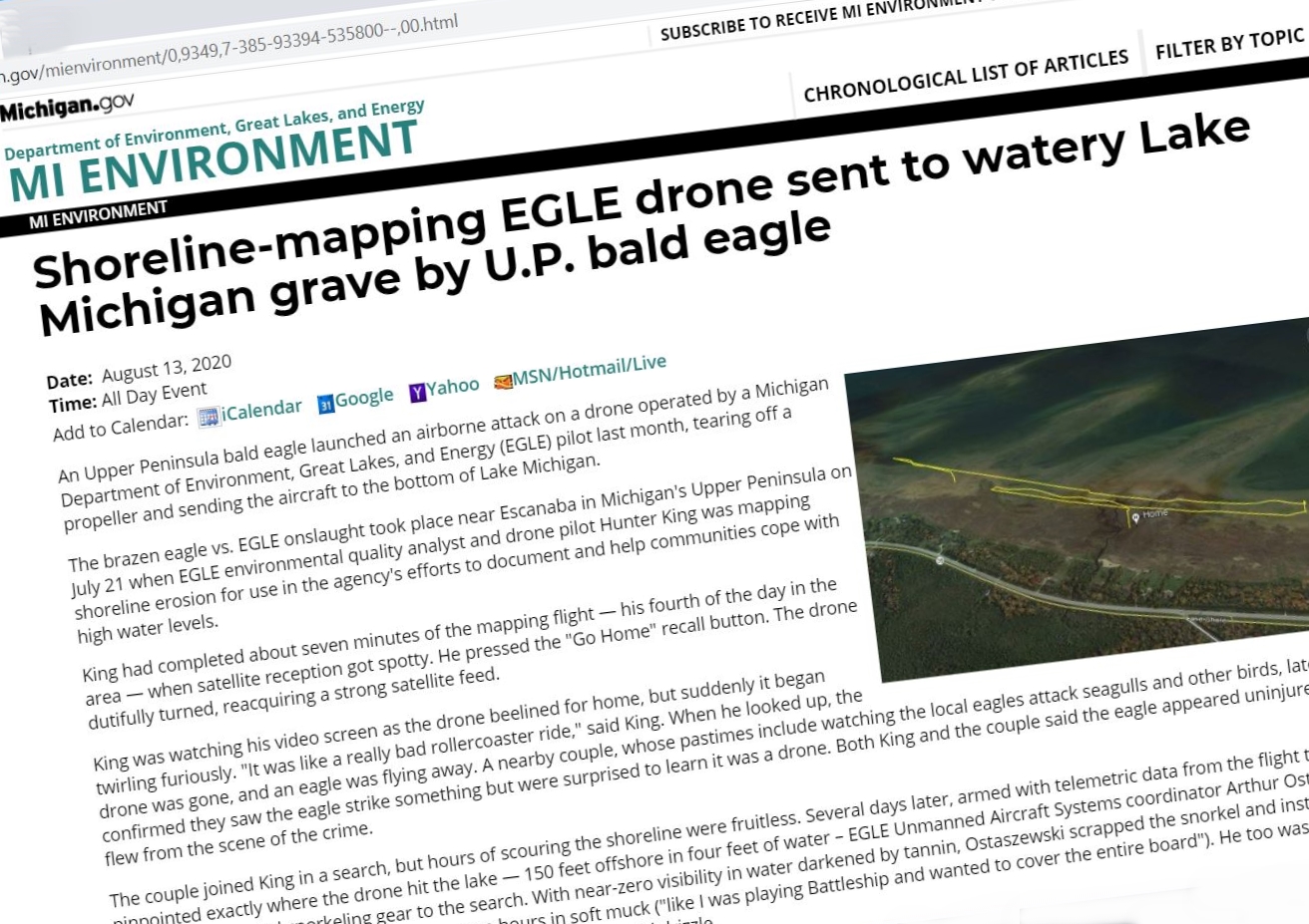 Deadline Detroit  Michigan EGLE drone 'drowns' after Michigan eagle's  aerial attack